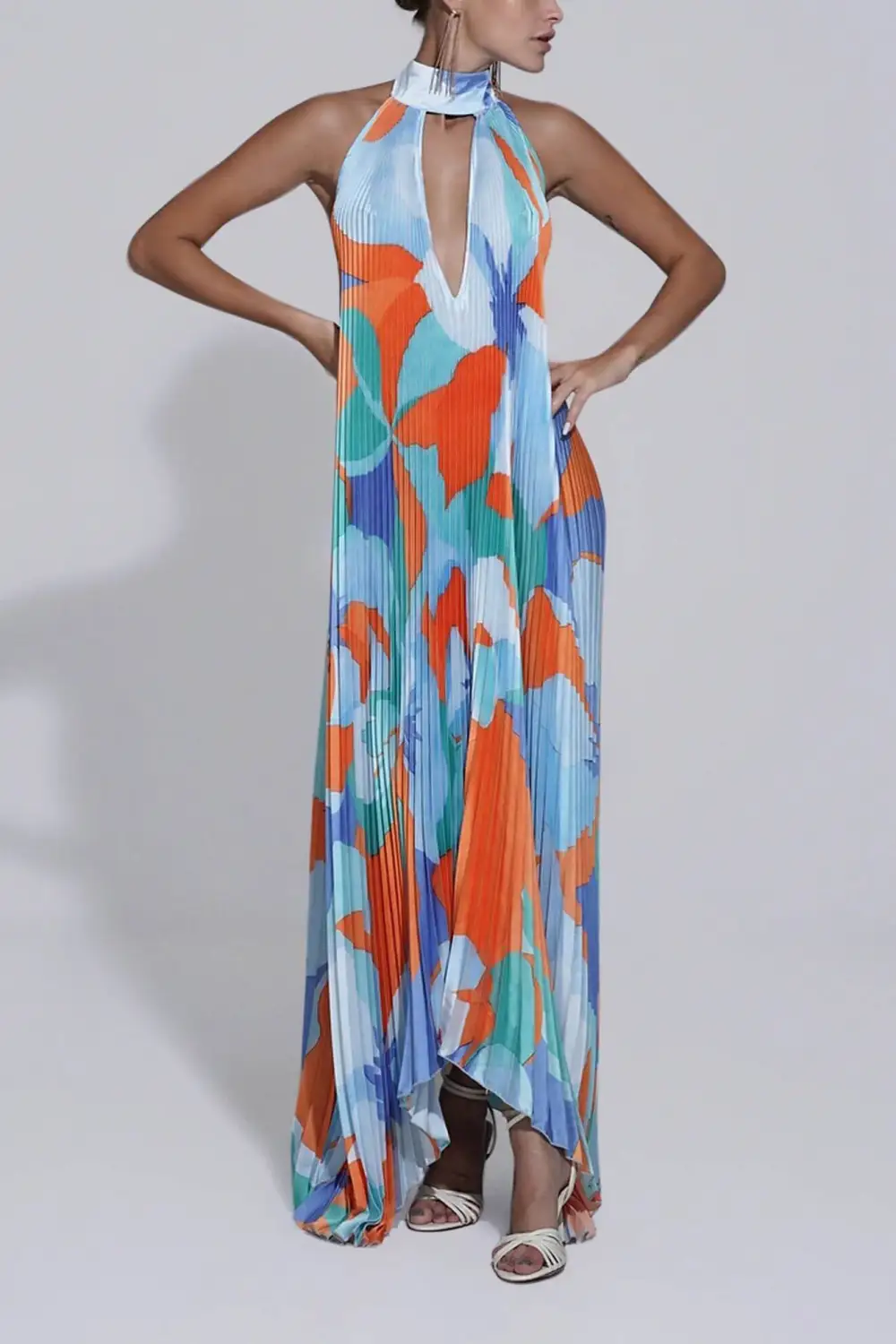 Stylish Pleated Halterneck Strappy Open Back Midi Dress