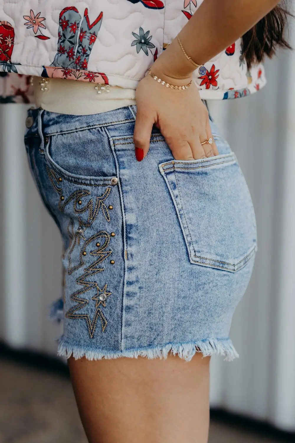 Embroidered Stud Detail Frayed Hem Denim Shorts