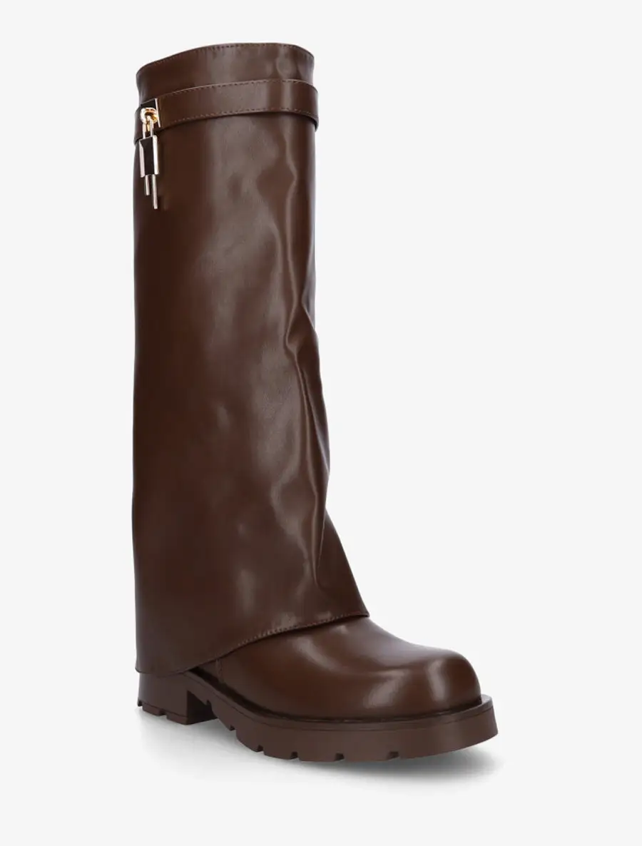 Elegant Block Heel Fold-Over Faux Leather Knee High Boots