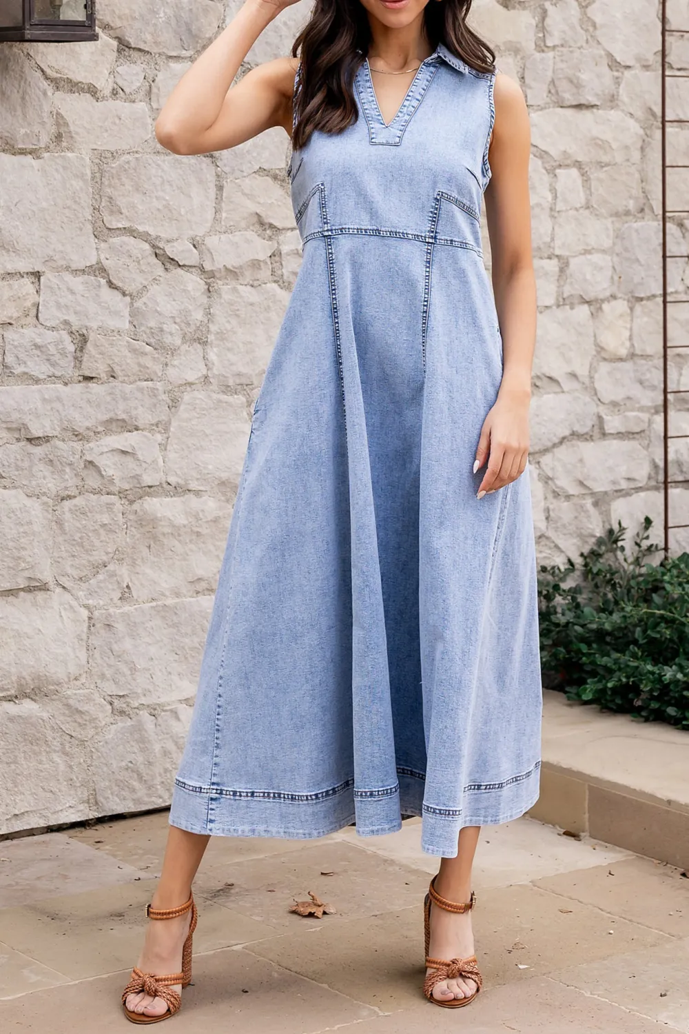 High-Waisted Minimalist Cut V-Neck Denim Dress