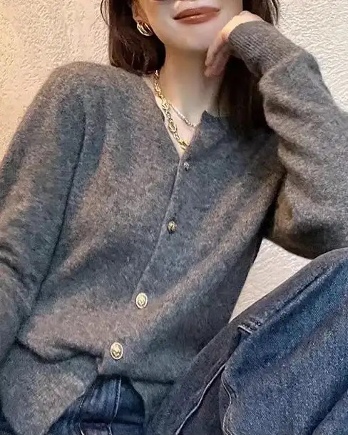 Classic Wool Button-Front Round-Neck Cropped Cardigan