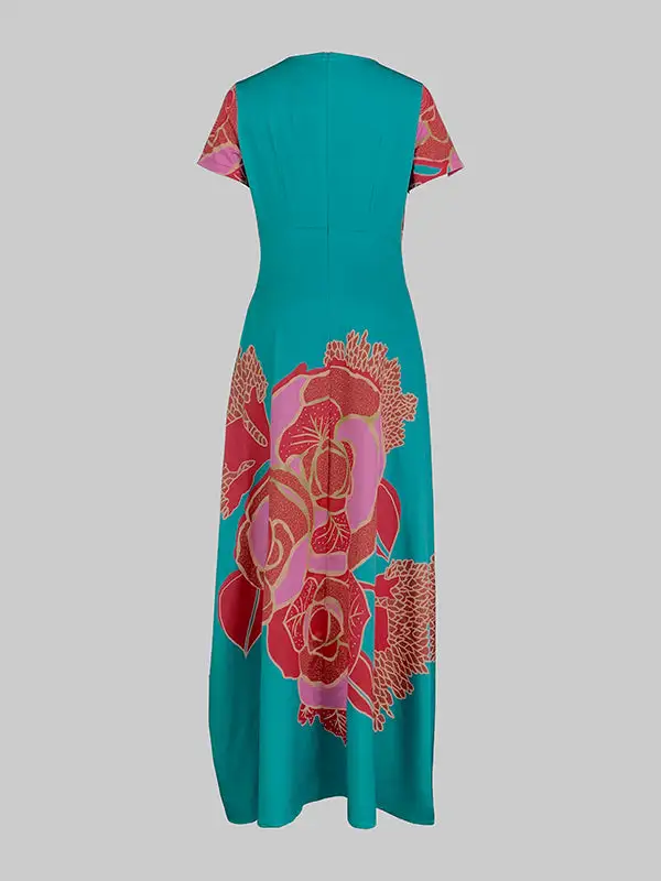 Loose Floral Printed Neck Maxi Dress