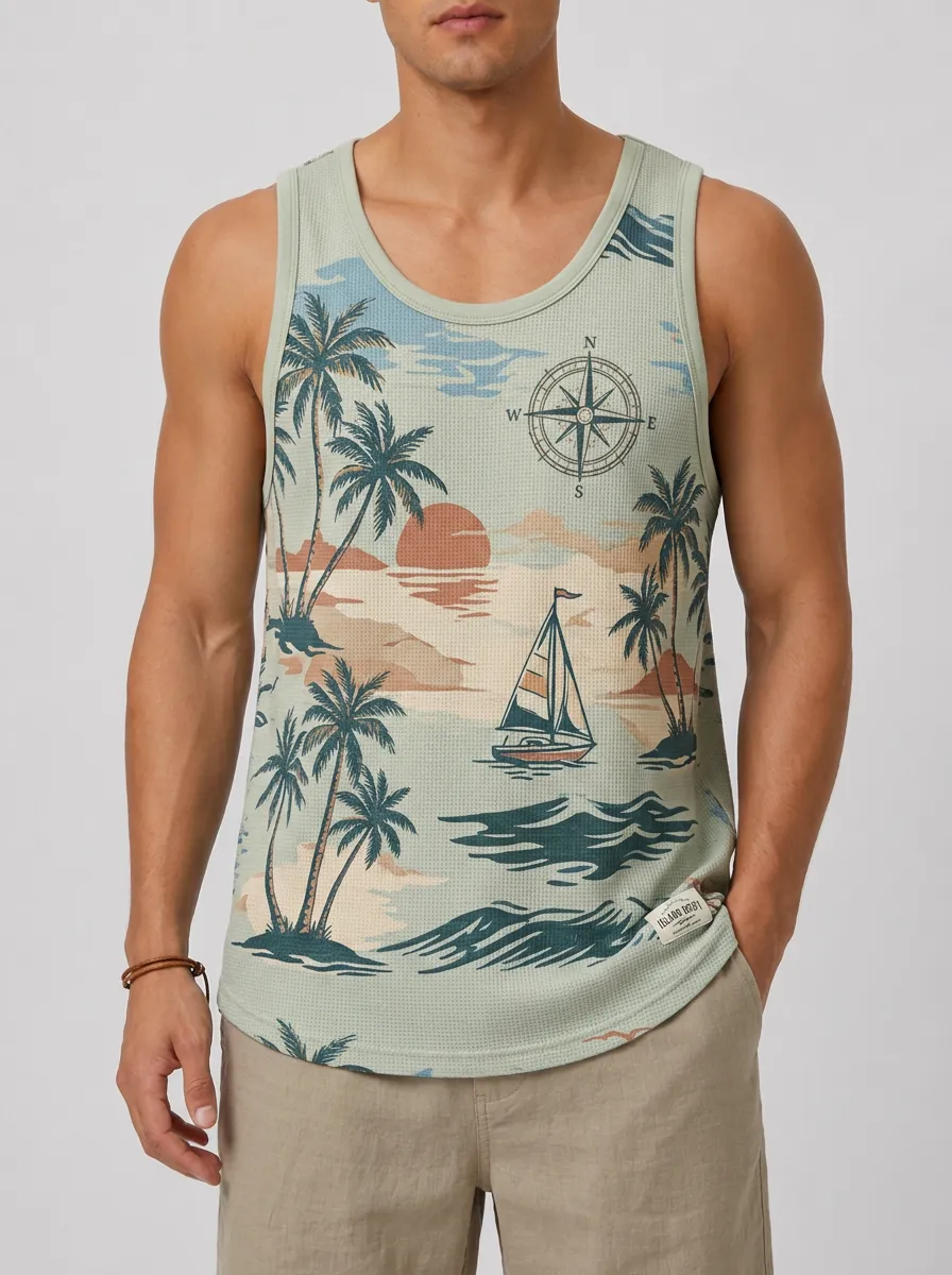 Men's Tropical Beach Sailor Compass Printed Tank Top