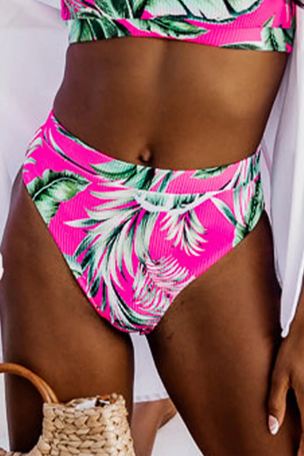 Tropical Print Textured Bottoms Bikini Bottom Pants