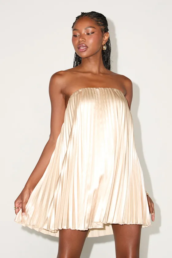 Bellina Champagne Satin Pleated Strapless Mini Dress