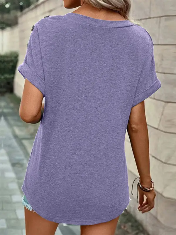 Relaxed Short Sleeve Button Detail V-Neck Polyester T-Shirt