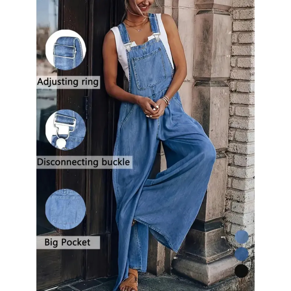 Women's Denim-Effect Print Plicated Wide Leg Overalls Jumpsuit