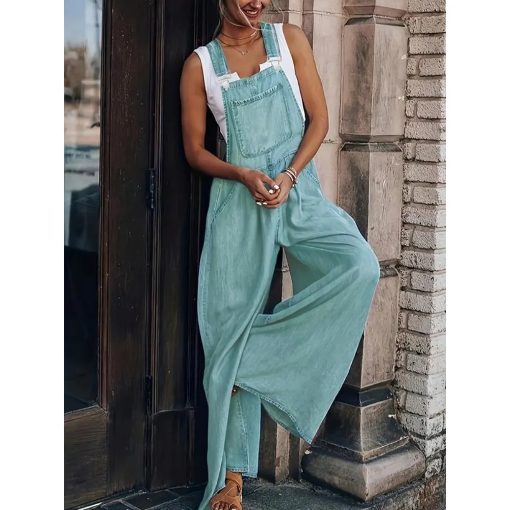 Women's Denim-Effect Print Plicated Wide Leg Overalls Jumpsuit