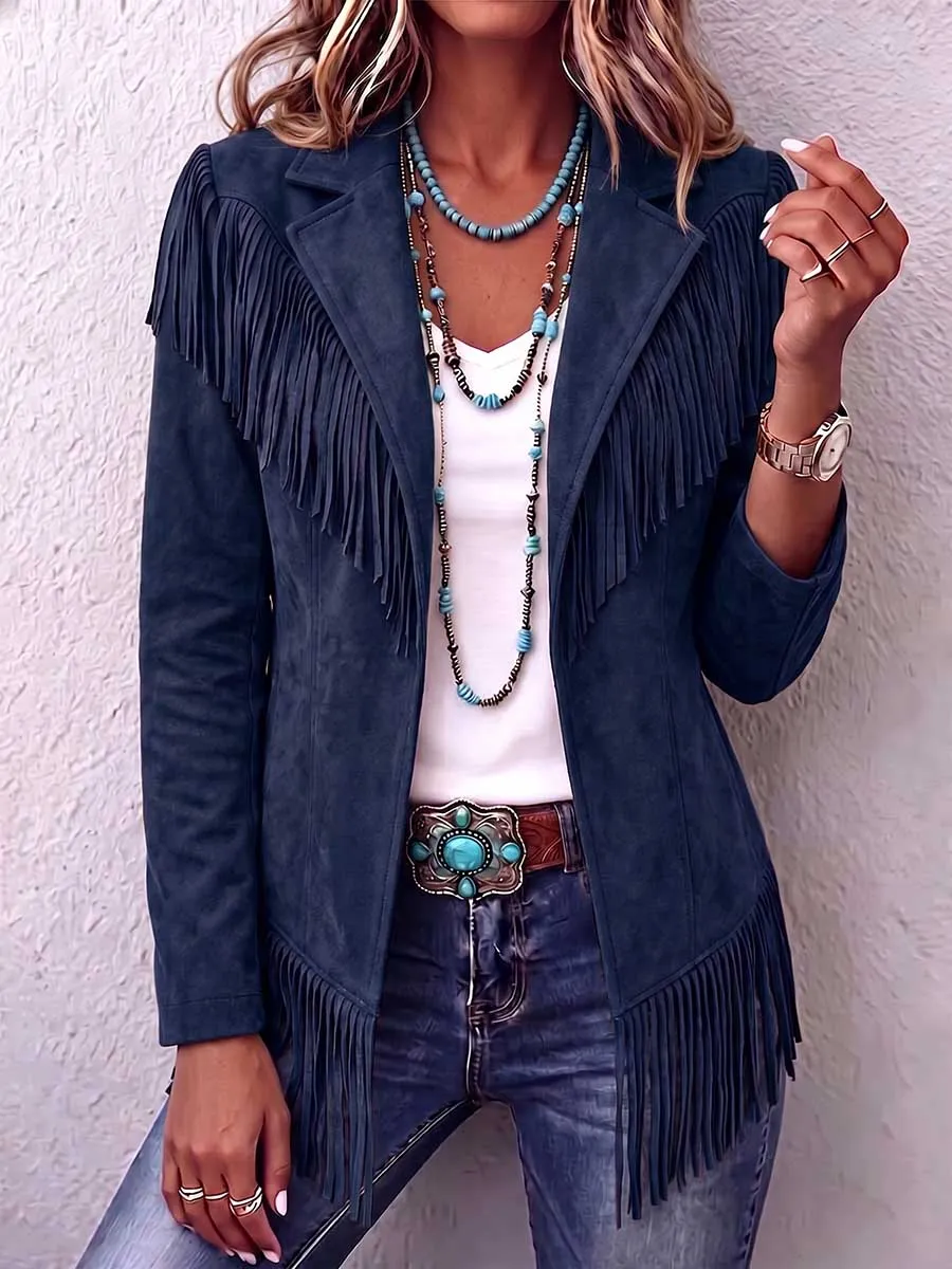 Refined Women S Solid Color Lapel Long-sleeved Casual Loose Tassel Jacket