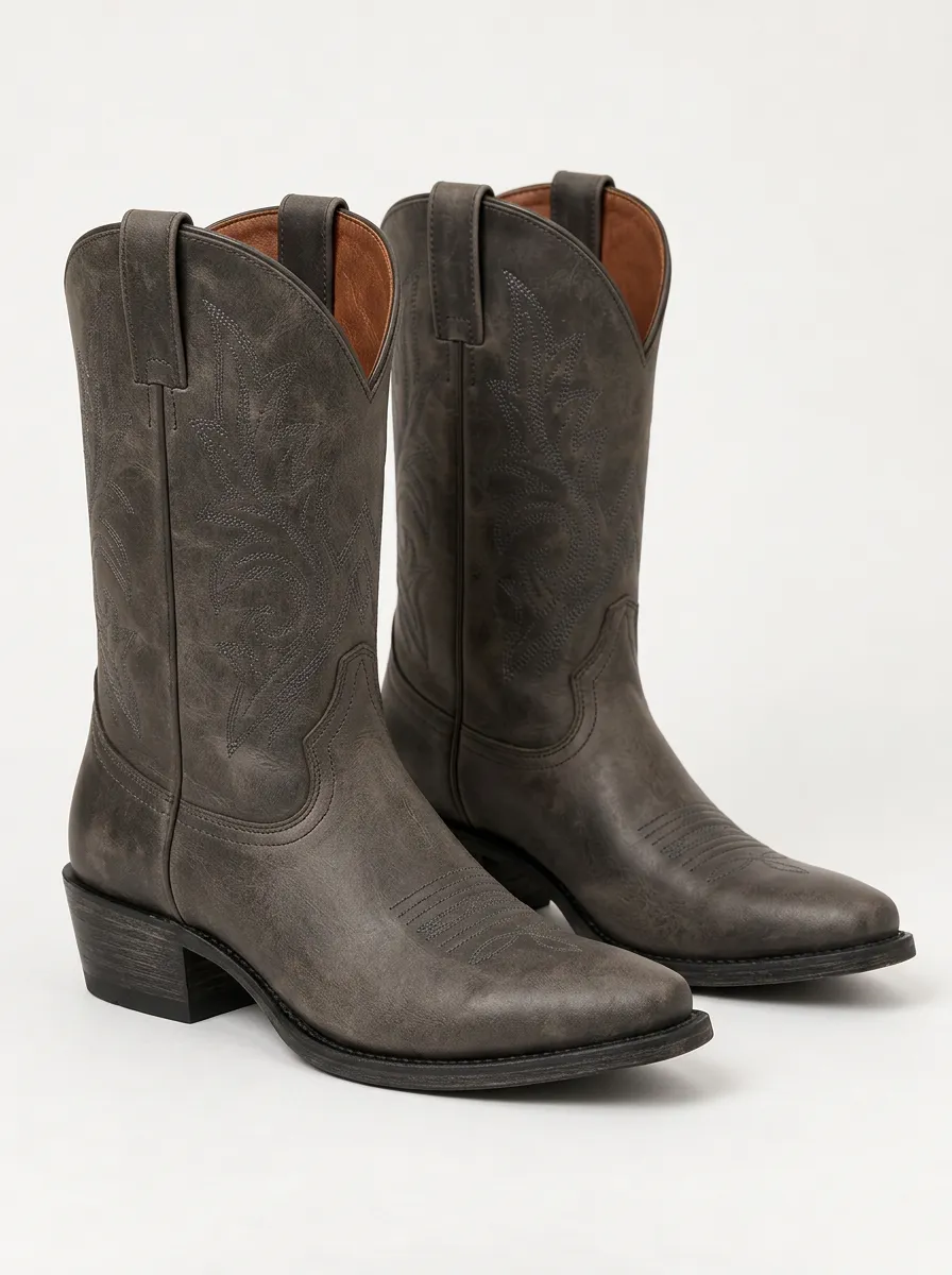 Unisex Grey Printed Cowboy Boots with Embroidered Accents