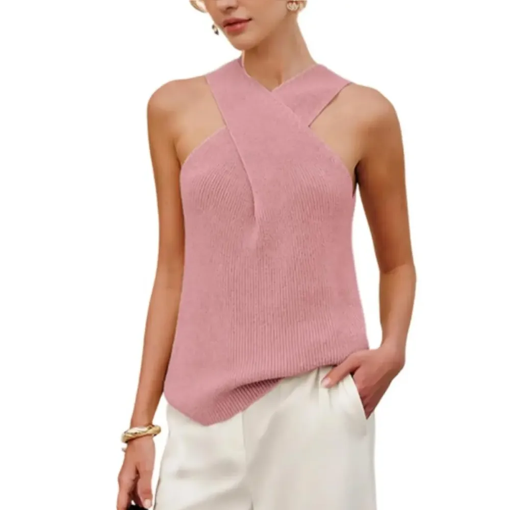 Tanming Women's Halter Cross Over Collar Tank Knit Sleeveless Camisole Top