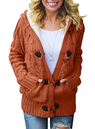 Womens 2025 Winter Hooded Cardigans Button Up Cable Knit Sweater Coat Outerwear with Pockets