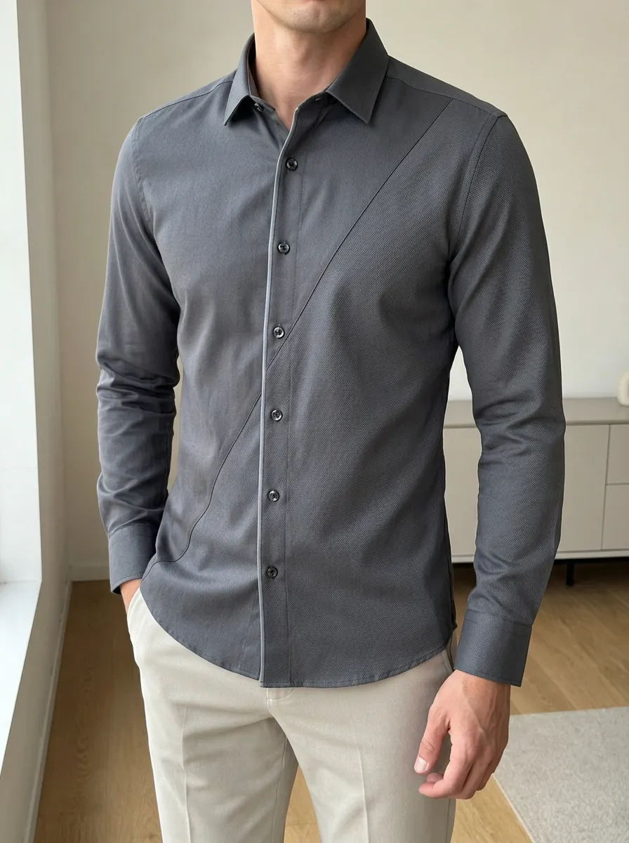 Men's Slim Fit Charcoal Grey Asymmetric Panel Button Up Shirt