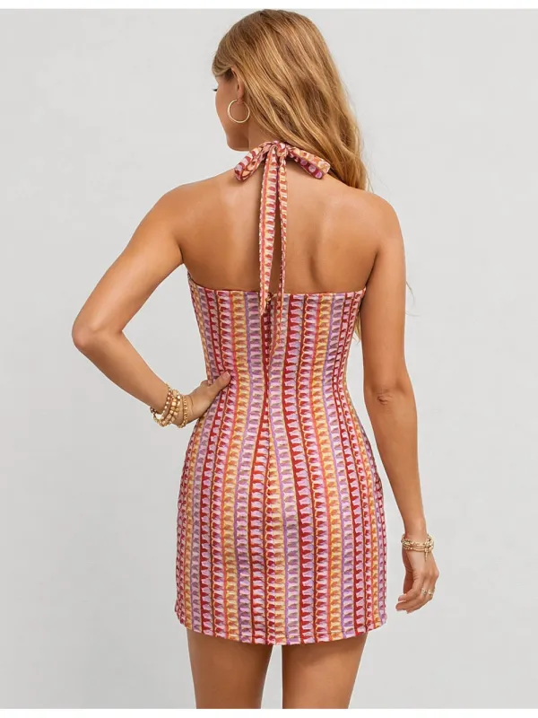 Crochet V Neck Cutout Halter Mini Dress