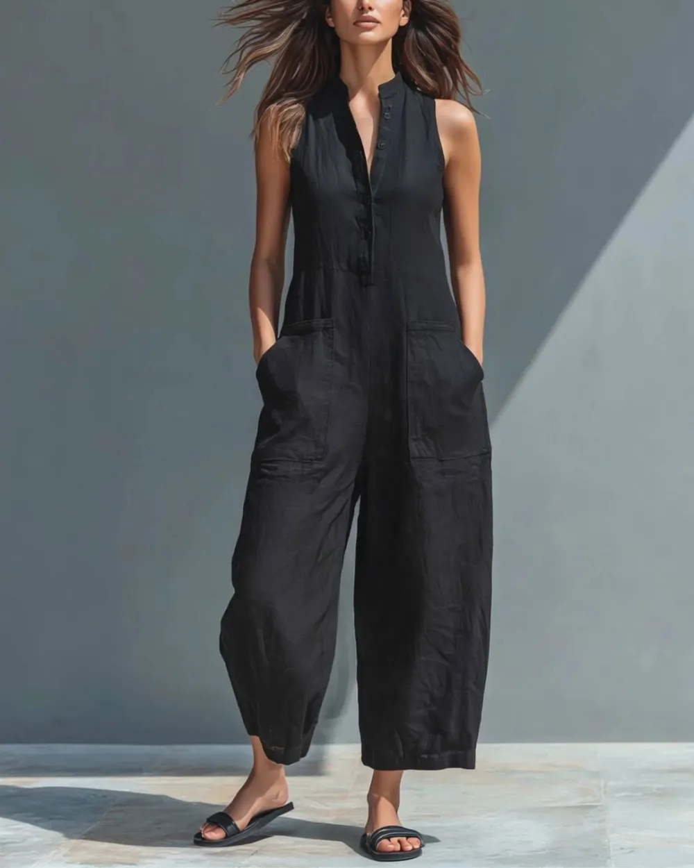 Vintage Sleeveless Stand-Collar Wide-Leg Jumpsuit