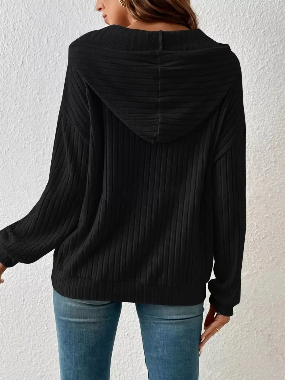 Casual Ribbed Knit Drawstring Hoodie