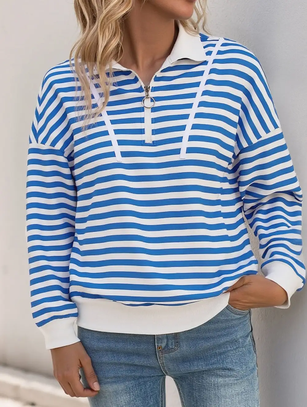 Striped Button Collar Sweatshirt