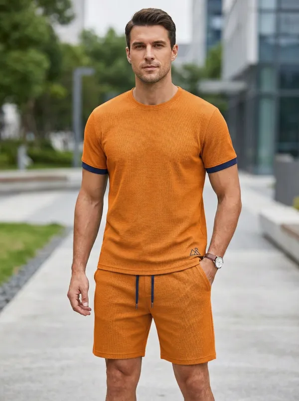 Modern Waffle Texture Mountain Graphic Style Men's T-Shirt And Shorts Set