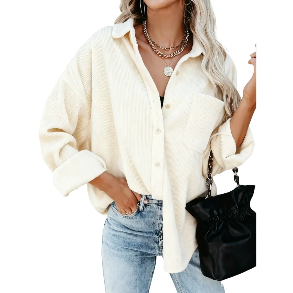 Women's Plain Pocket Button Front Corduroy Shirt