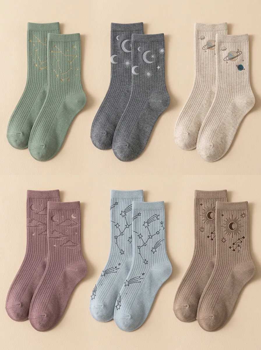 Women's Celestial Embroidered Crew Socks Six Pair Set