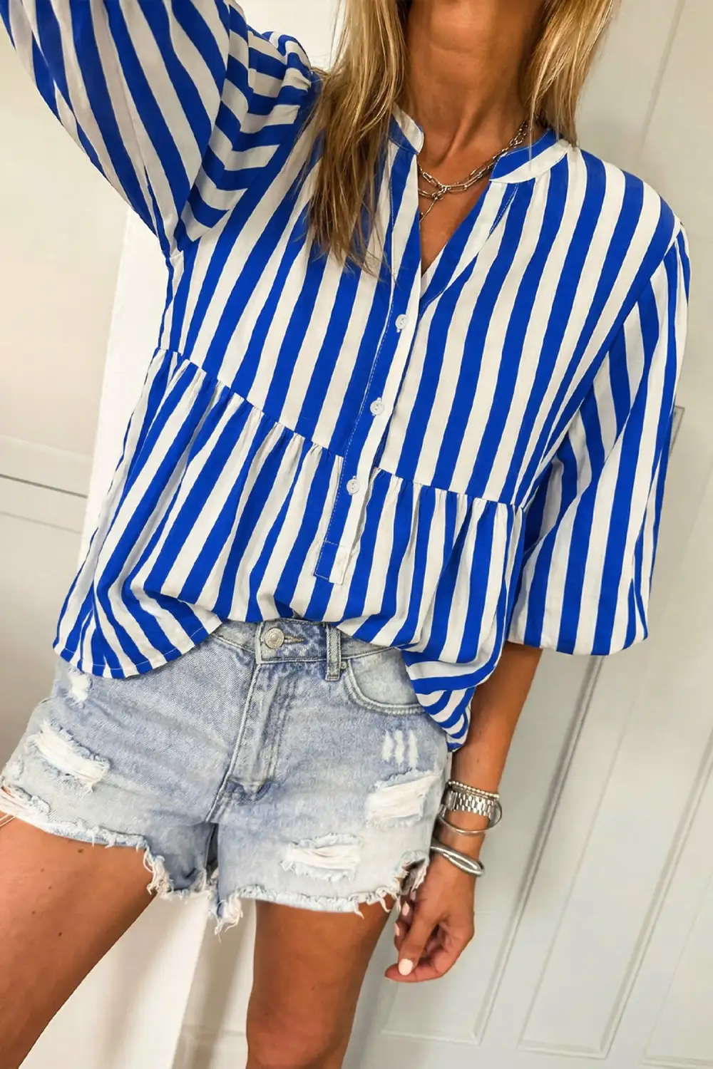 Sky Blue Stripe Balloon Sleeve Loose Button Up Shirt