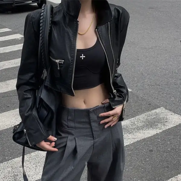 Zip-Front Leather Casual Outerwear Jacket