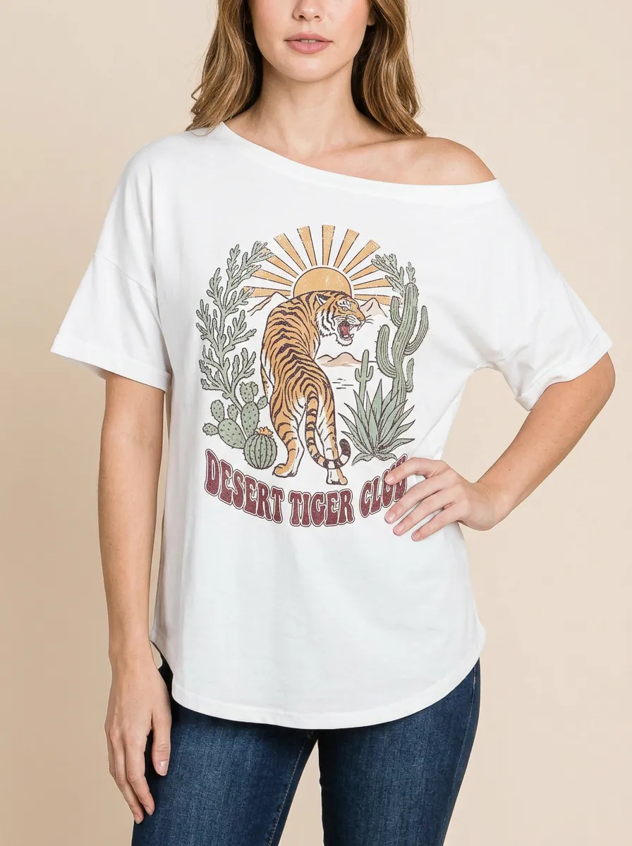 Women's Desert Tiger Club Cactus Sun Graphic Off-Shoulder T-Shirt