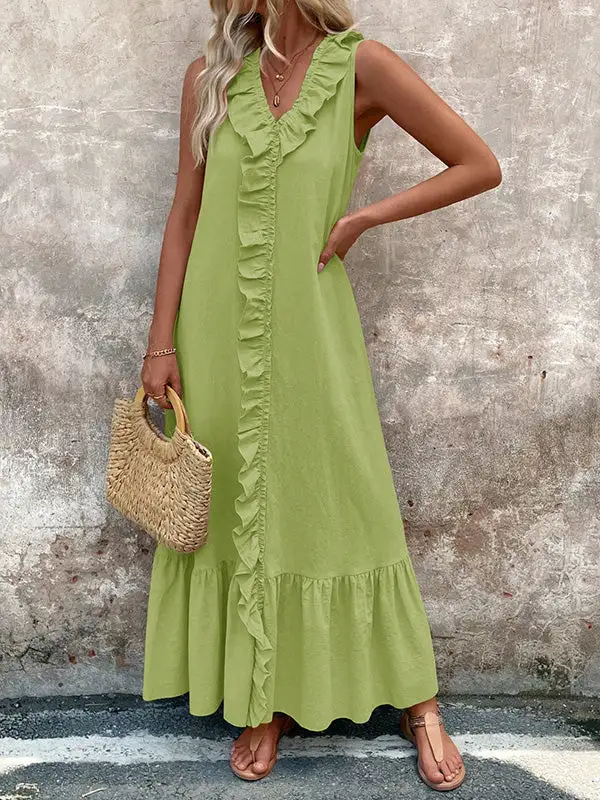 Loose Trim Pleated Neck Maxi Dress