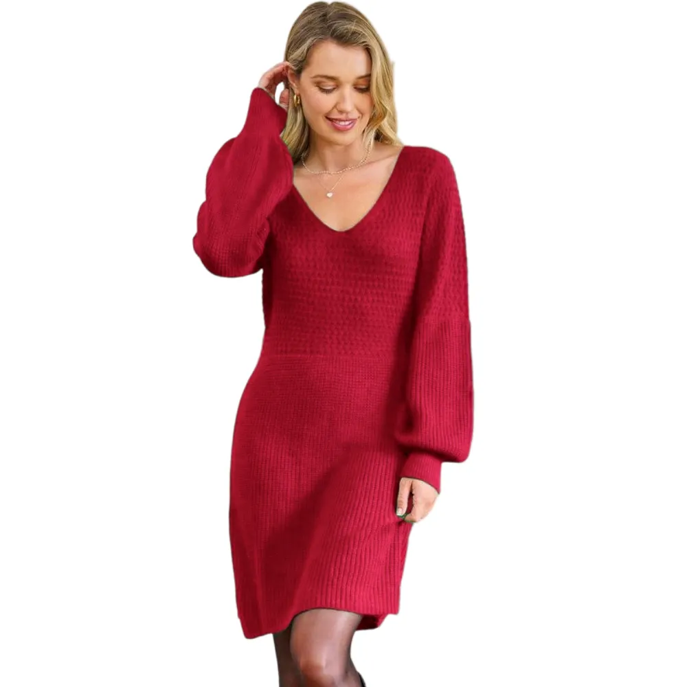 Women's Casual Sweater Dress for Christmas VNeck Honeycomb Long Sleeve Textured Knit Pullover Dresses Womenswear Fall Dress Early Autumn