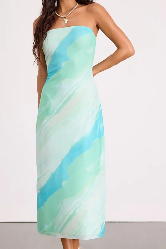 Jaylah Brown Polka Dot Mesh Strapless Midi Dress