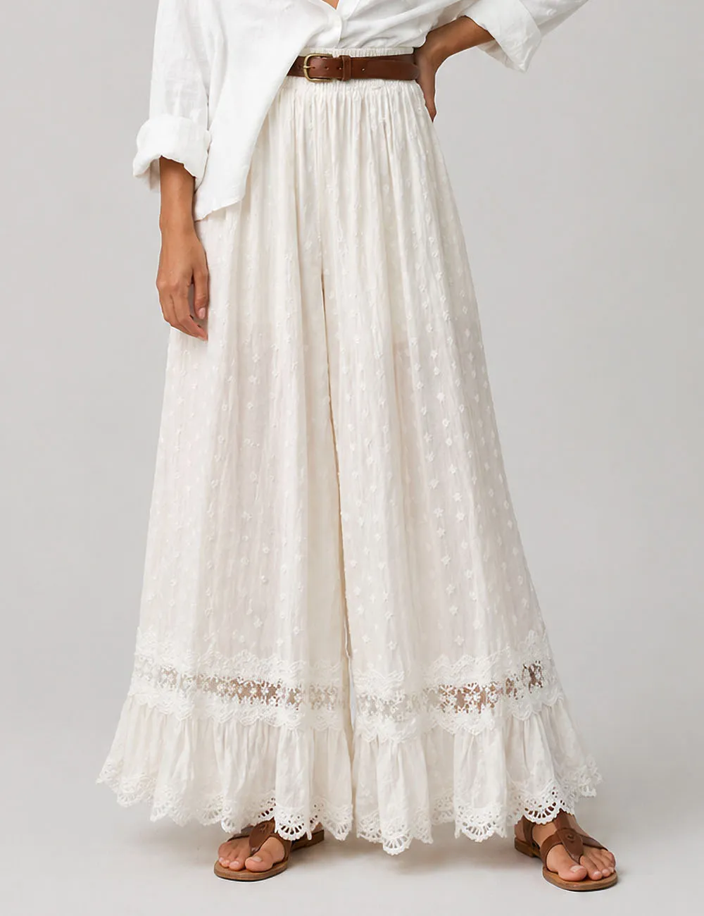 Embroidery Lace Hem Wide Leg Pants