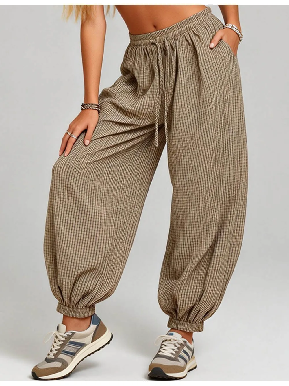 Checked Elastic Waist Drawstring Lantern Pants