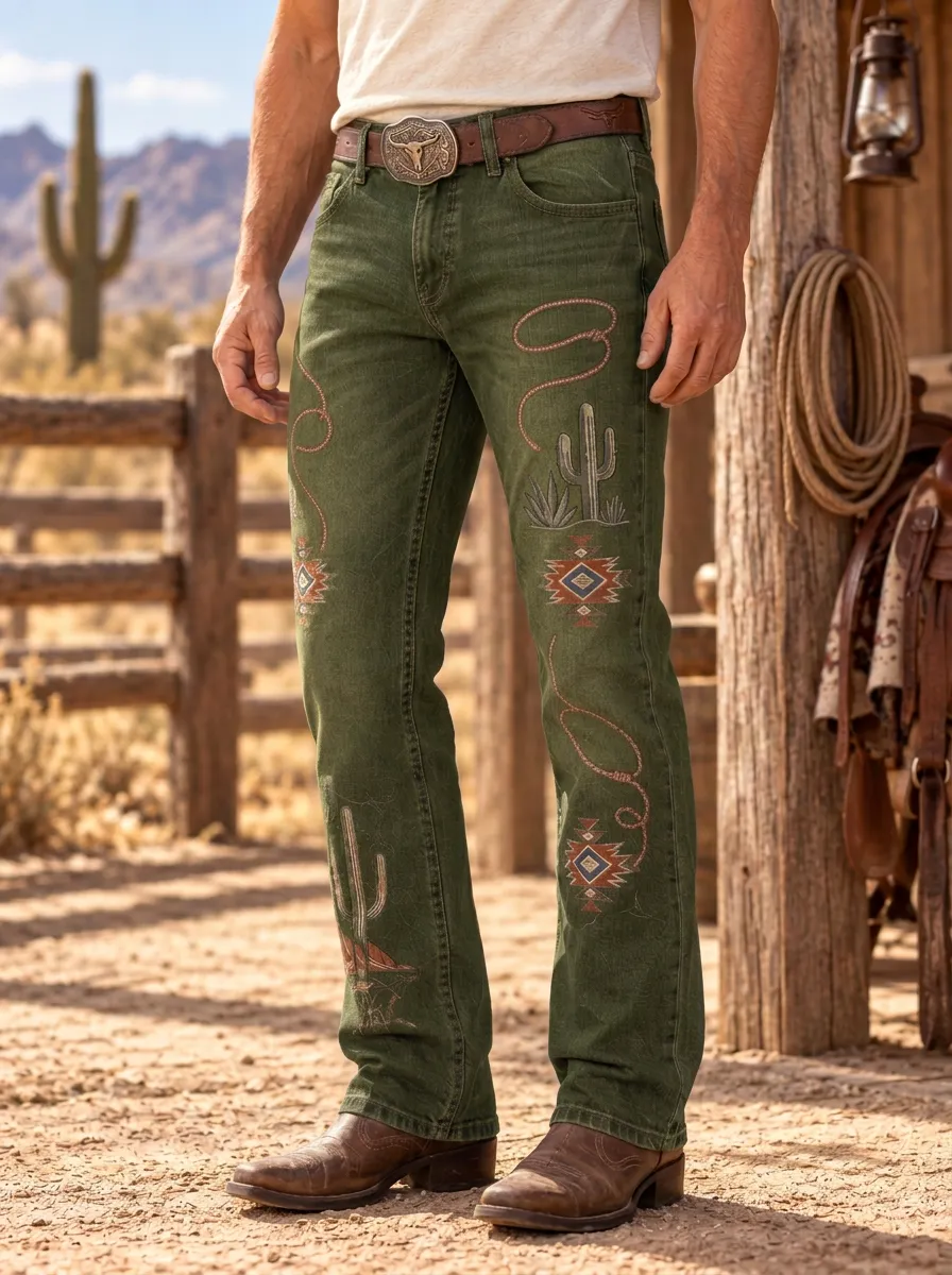 Men's Western Cowboy Cactus Lasso Tribal Printed Jeans