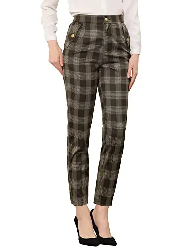 Women's Vintage Tartan Elastic Waist Straight Long Trouser