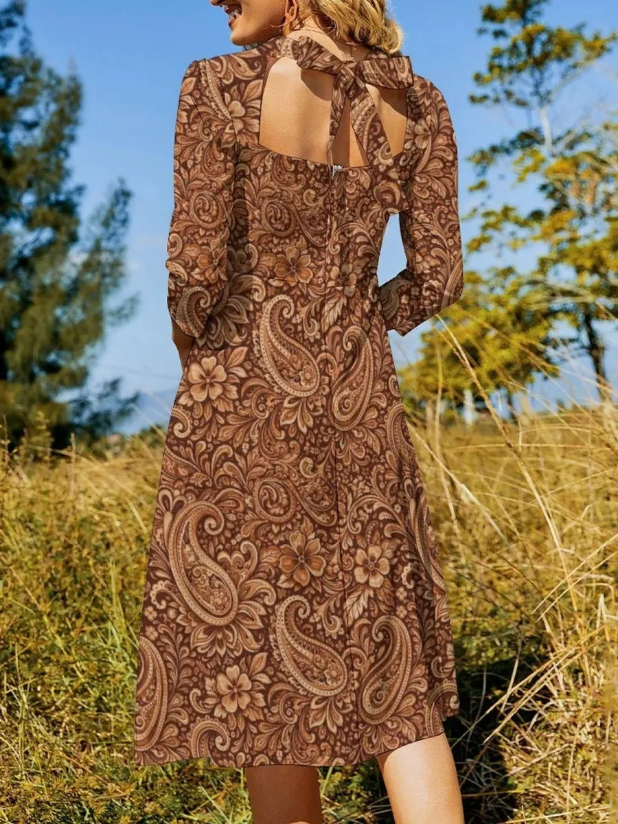 Brown Back Zipper Print Dress