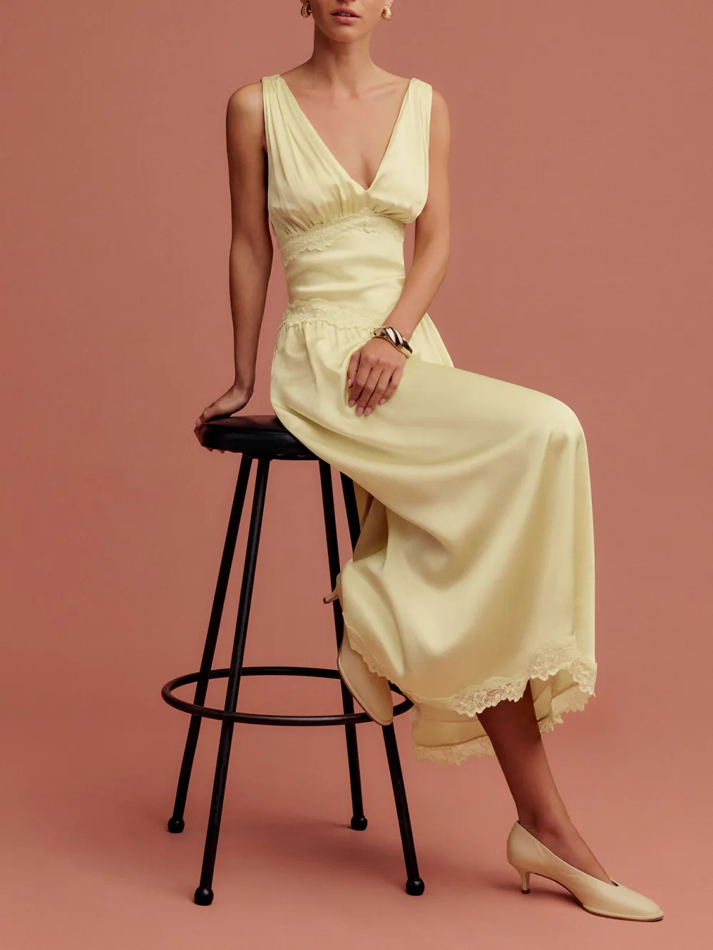 V Neck Lace Hem Silk Midi Dress