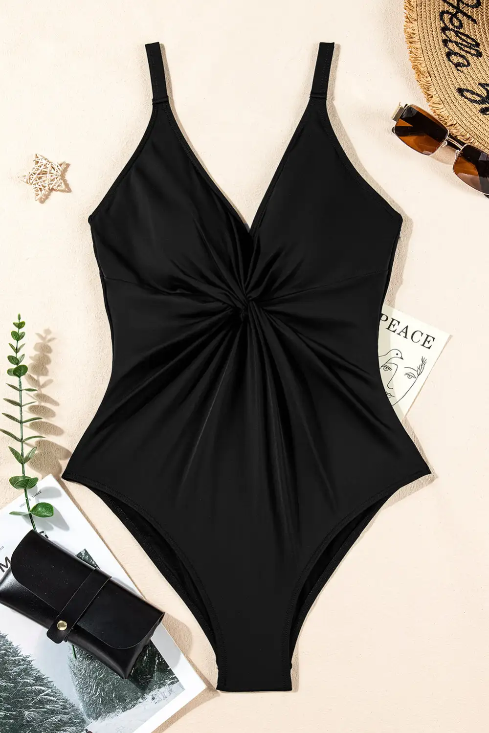 V Neck Twist Ruched One Piece Swimsuit