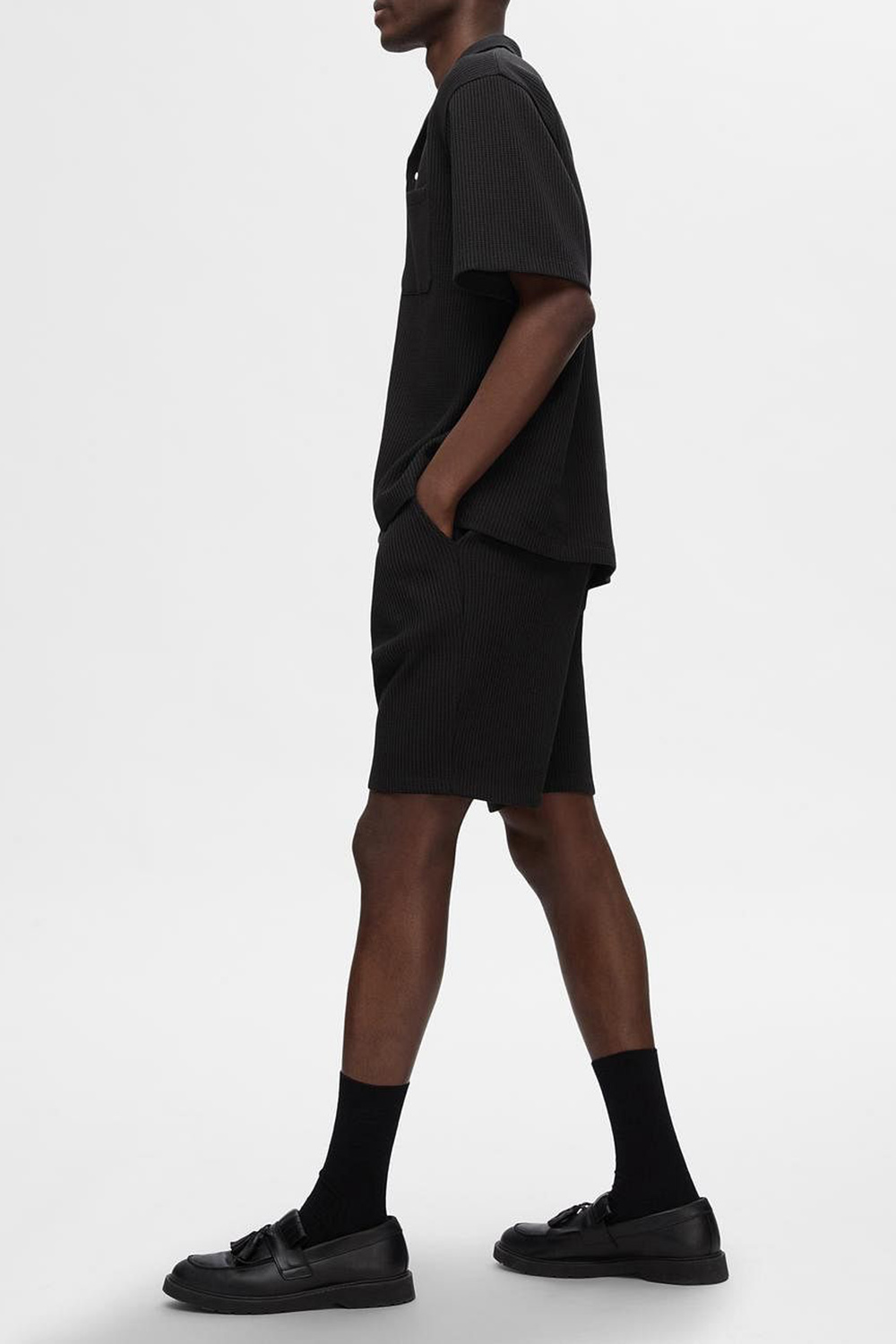 Black Waffle Textured Co-ord Set Shorts