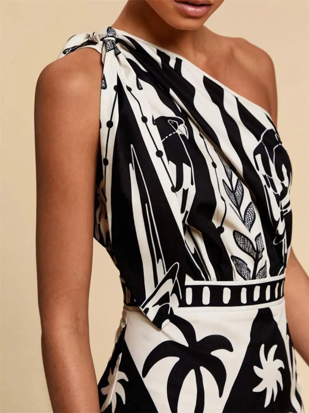 One-Shoulder Tropical Midi Dress
