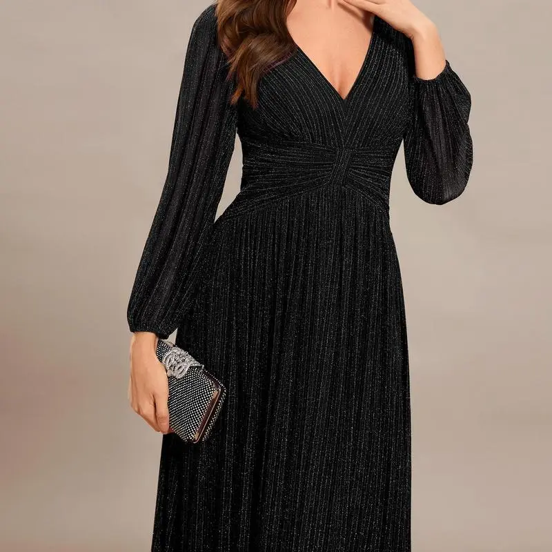 【EVER PRETTY 】curvy dress,Glittery Empire Waist A-Line Dress with Long Lantern Sleeves