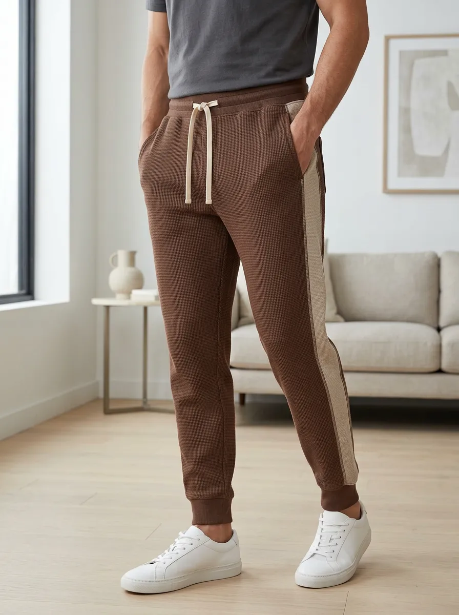 Men's Casual Sportswear Brown Waffle Knit Side Stripe Jogger Pants