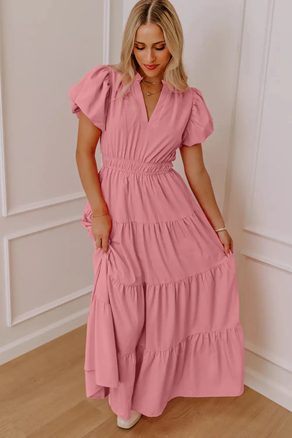 V Neck Tiered Puff Sleeve Maxi Dress