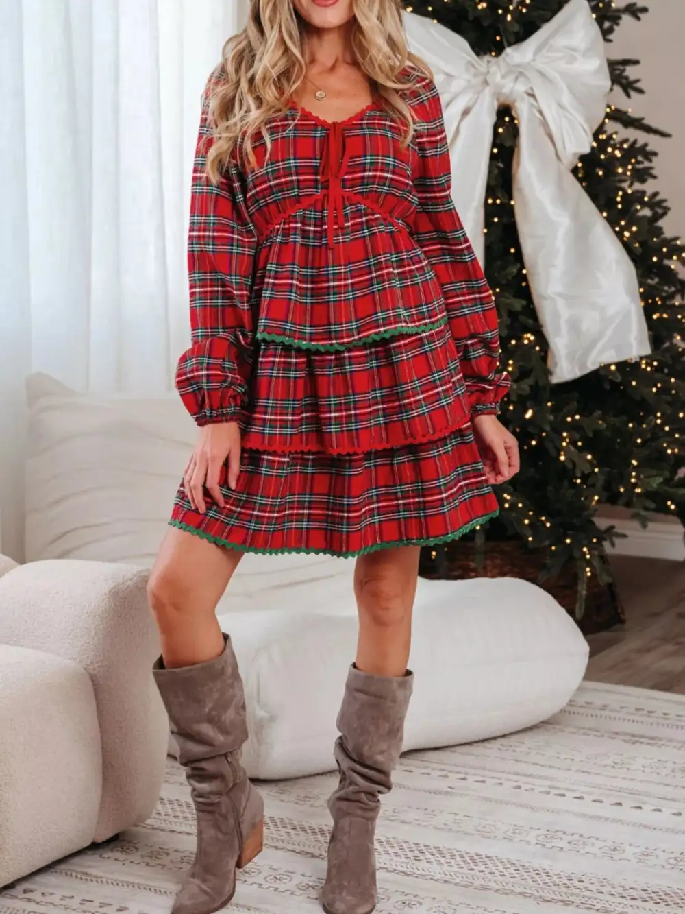 Plaid Printed Tiered Mini Dress
