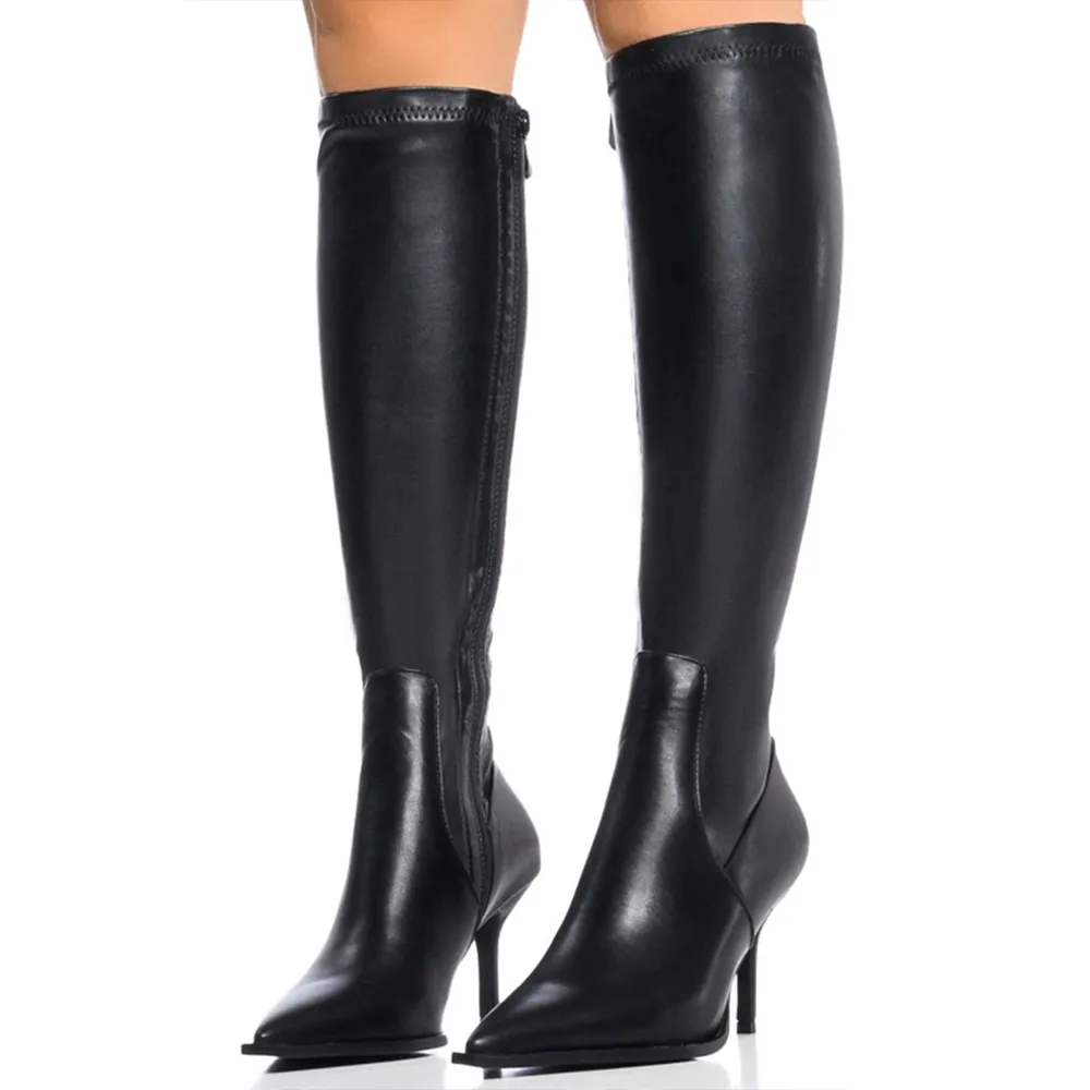 Faux-Leather Pointed-Toe Stiletto-Heel Platform Knee-High Boots