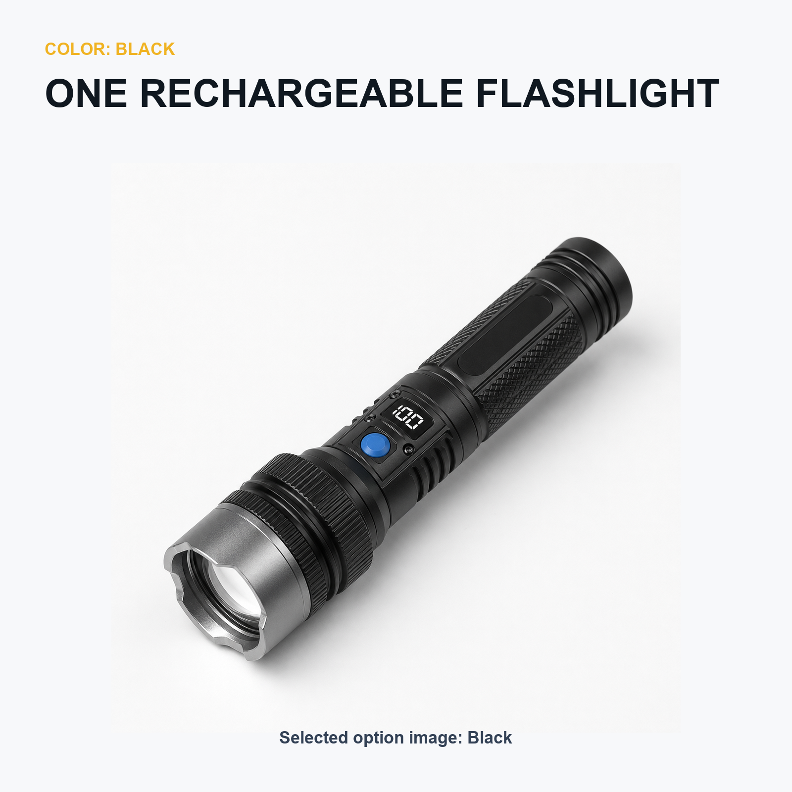 Rechargeable Zoom Flashlight with Digital Display & Power Bank - Black - One Rechargeable Flashlight