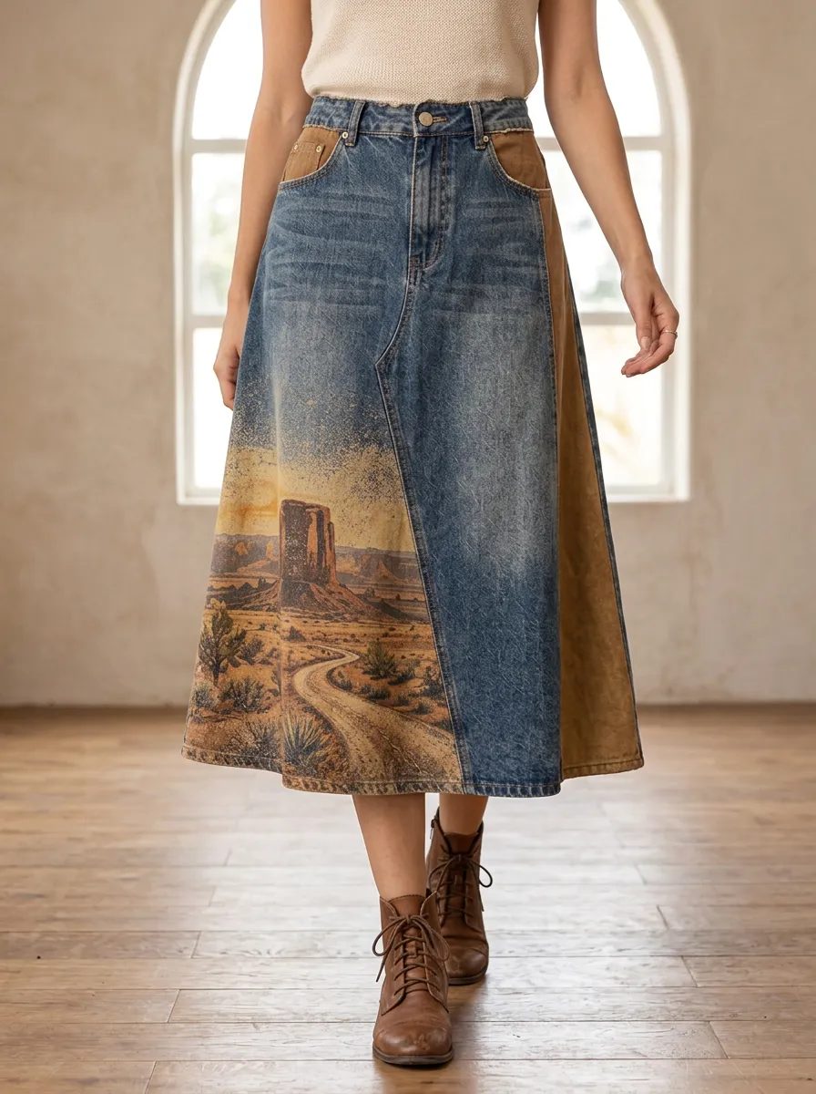 Women's And Landscape Print Denim Midi Skirt
