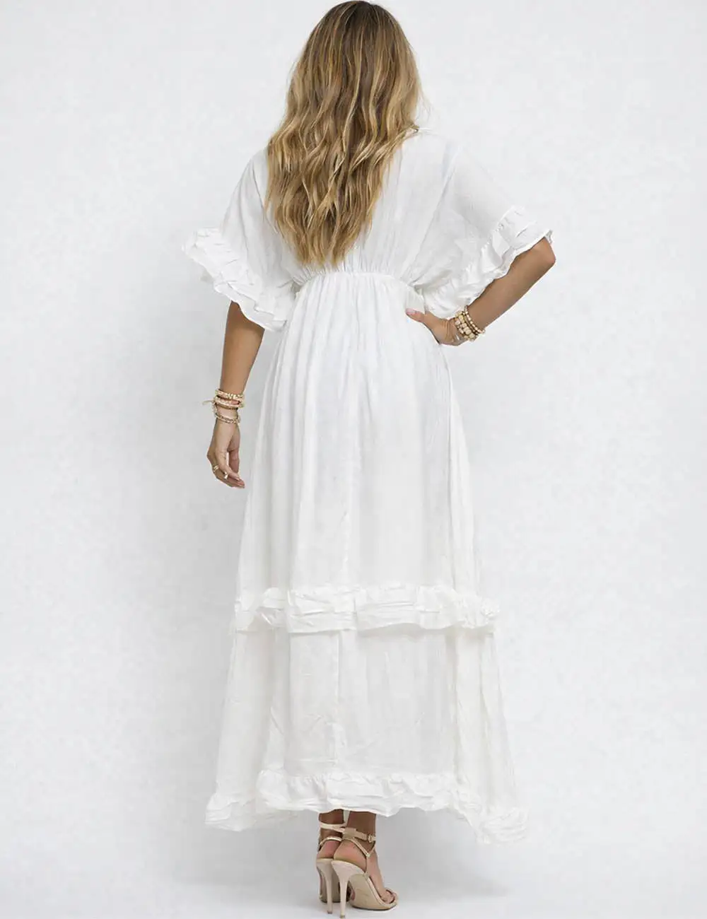 Chic V Neck Ruffle Sleeves Tiered Midi Dress
