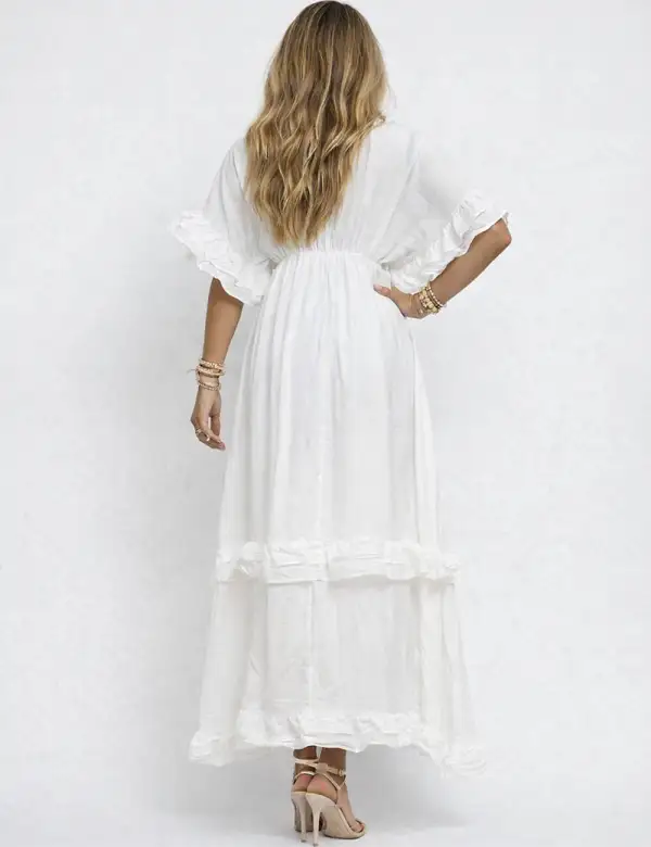 Chic V Neck Ruffle Sleeves Tiered Midi Dress