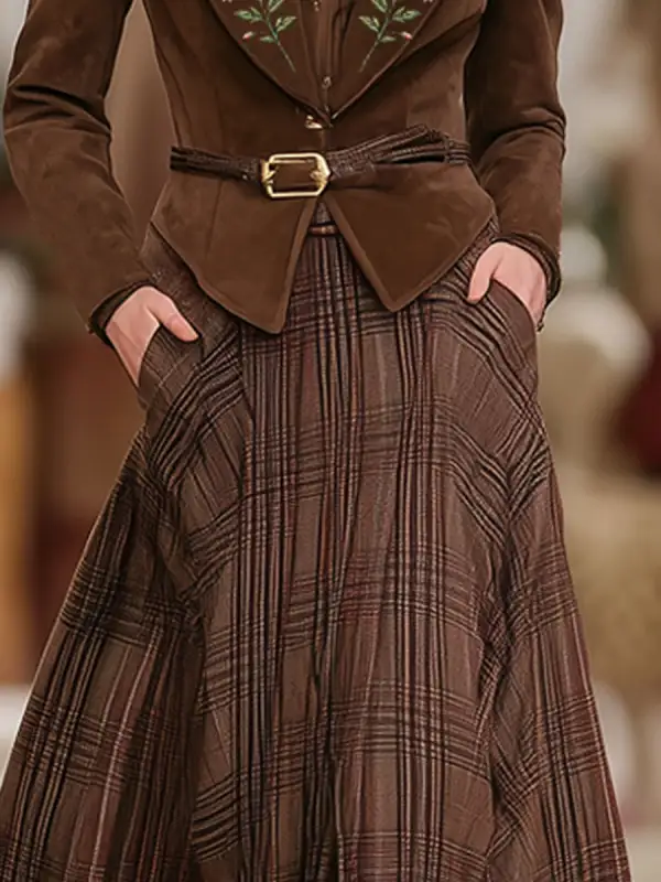 Elastic-Waist Plaid Retro Skirt