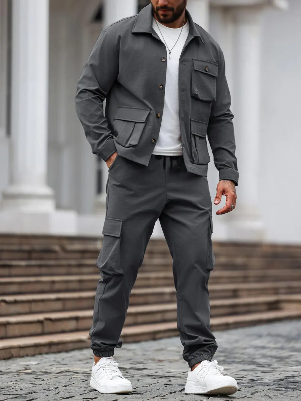 Men's Solid Color Pocket Button Front Shirt & Pants Two-Piece Set